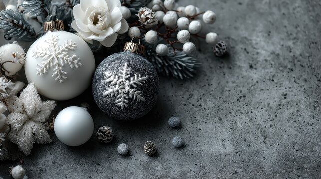 Elegant christmas ornament flat lay on grey background creating a minimalist winter aesthetic look with snowflakes, festive branches, and baubles - Powered by Adobe