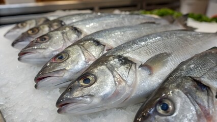 Freshly caught bass glistens on ice, ready for a delicious seafood meal and culinary creations