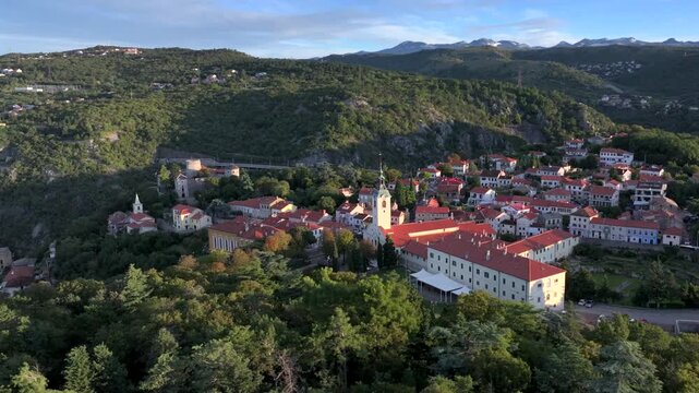 Rijeka, Croatia and Trsat Castle a part of Old City port at the river Rijecina firth. Aerial Shot at Summer Morning.