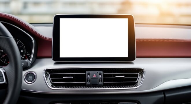Modern car dashboard with blank touchscreen display and elegant interior design