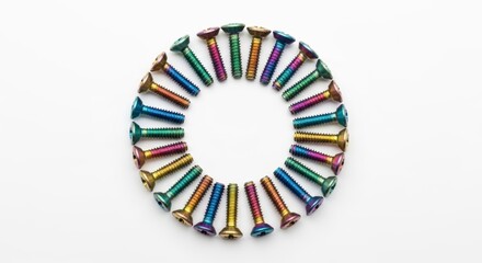 Rainbow Colored Titanium Bolts Arranged in a Circular Pattern on White Background