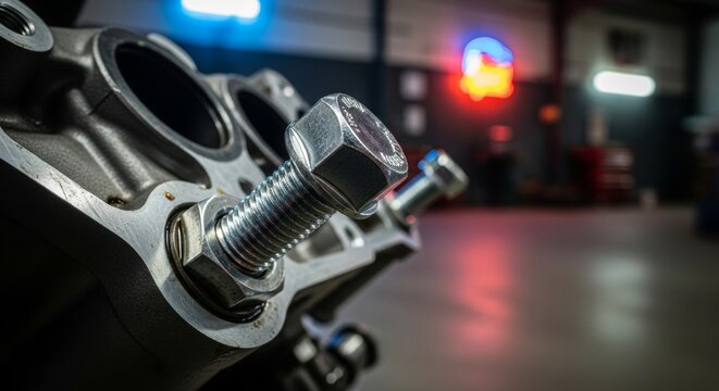 Close-up of chrome bolt and nut fastened on metallic engine component in garage workshop. Colorful bokeh lights create industrial atmosphere. - Powered by Adobe