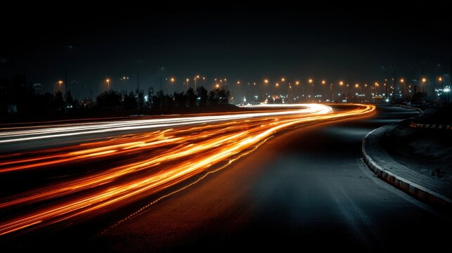 Light trails streak across the asphalt highway at night, illuminating the road ahead and symbolizing speed, progress, and financial growth