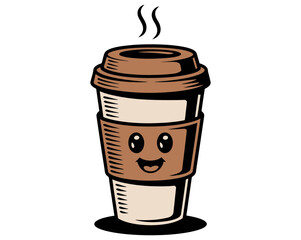 Cartoon coffee cup vector illustration hot coffee to go takeaway coffee cup character design graphic