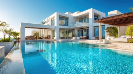 Fototapeta premium A stunning villa showcases sleek architecture surrounded by lush greenery. The pristine swimming pool reflects the bright sky creating a serene and inviting atmosphere for relaxation.