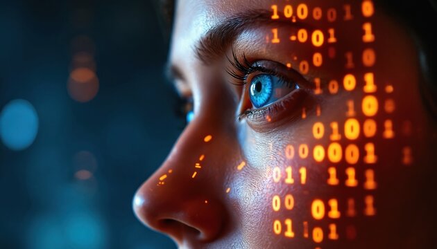 Close up side profile of human face with blue eye. Binary code orange light reflects on skin. Concept artificial intelligence and digital future.