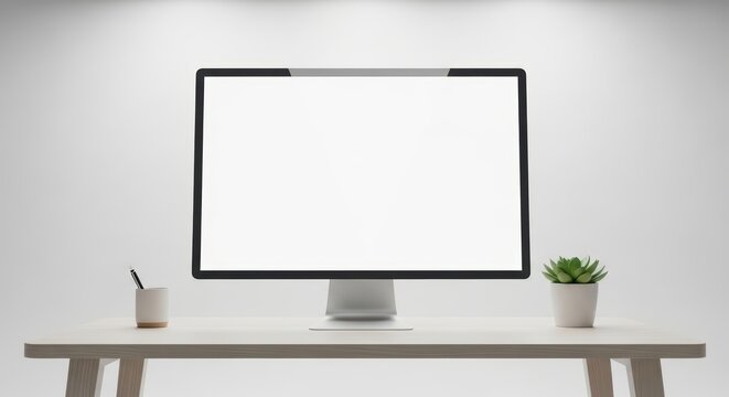 Minimalist workspace with blank computer monitor and small plant