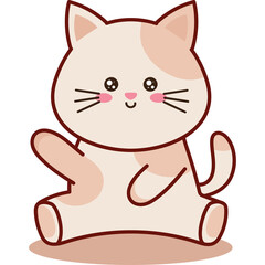 Cute Kawaii Peach And White Cat Waving Paw Sitting Pose With Pink Cheeks Simple Drawing With Dark Outline Isolated On Transparent Background