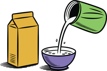 Illustration of milk pouring into bowl cereal breakfast food dairy drink carton nutrition vector drawing