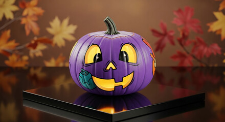 Purple cartoon pumpkin on a black platform with autumn leaf background, representing Halloween festivity and decor, seasonal celebration atmosphere