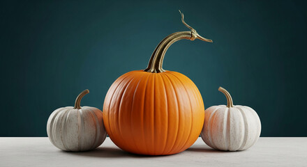 Three pumpkins on a surface, one orange and two white, against a dark teal background, suggesting autumn harvest, Thanksgiving or Halloween season