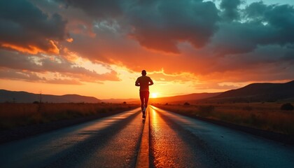 Lone runner on road at sunset. Silhouette runs towards horizon. Dramatic orange sky, hills, nature. Active, solo journey, endurance, perseverance.