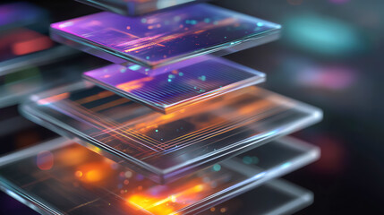 Layered transparent digital screens stacked diagonally with glowing tech details