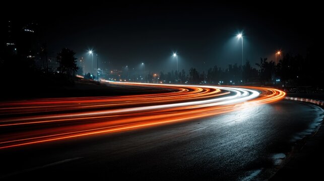 Light trails streak across the asphalt highway at night, illuminating the road ahead and symbolizing speed, progress, and financial growth