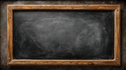 Vintage school blackboard with wooden frame displays faint chalk writings and sits against a textured wall, conveying a sense of learning and history