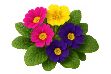 Group of colorful primrose flowers with green leaves showing bloom, growth, and nature's beauty on a transparent background