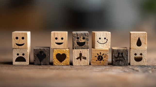 Employee wellbeing concept representing physical, mental and emotional health with wooden blocks and corresponding icons stacked on stones