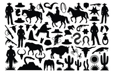 Wild west silhouette collection, cowboy cactu,s horse skull, and more