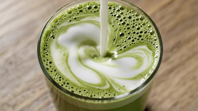 Close up of frothy green matcha tea being poured into a glass on a wooden table.