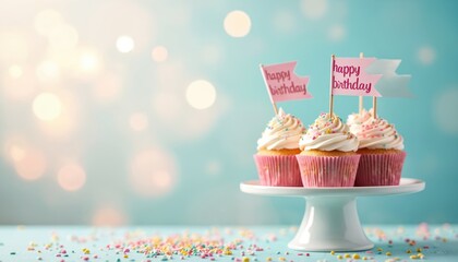 Three pastel cupcakes with Happy Birthday flags stand on white dessert plate. Colorful sprinkles scattered on light blue table. Sweet treat ready for festive party celebration. Bokeh lights