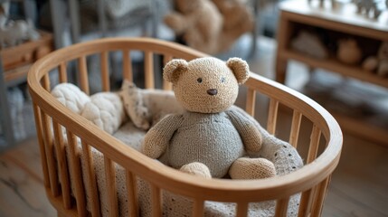 A toy bear is sitting in a wooden crib. The crib is made of wood and has a wooden bed frame