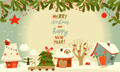 Cartoon Illustration with Cute Christmas Houses