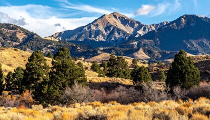 Majestic Mountain Landscape with Golden Autumn Scrubland and Pine Trees Under a Blue Sky