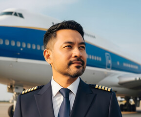 Asian Airline Captain Standing Proudly in Front of Commercial Jet Aircraft
