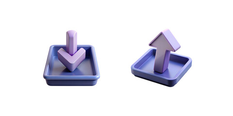 Download & upload icons. Purple 3D download and upload icons with arrows on glossy square bases in soft gradient UI style.