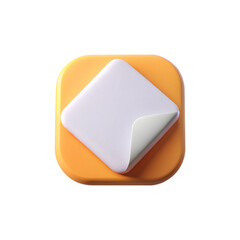 Isolated glossy square sticker icon with white surface, soft shadow, rounded edges and folded corner, framed in gradient orange background, clean minimal style on white background.