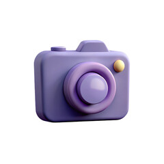 Purple camera icon. Purple 3D camera icon with rounded body, raised lens, and soft glossy highlights in minimal UI style.