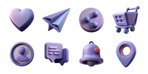 Purple interface icons. Purple UI icons including heart, paper plane, wrench gear, shopping cart, chat bubble, bell, and map pin in glossy 3D style.