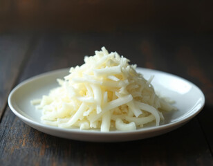 Grated daikon radish piled on a white plate. This root vegetable ingredient is prepped for a meal or side dish. It has a fresh organic quality ready for cooking.