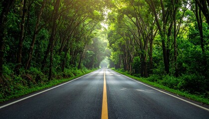 Obraz premium Scenic asphalt road leading through a lush green forest tunnel with bright sunbeams