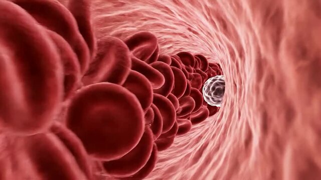 Microscopic view of red blood cells, flowing through a vein, representing the circulatory system's complexity, relevant for World Health Day