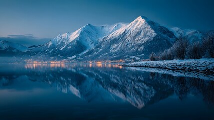 Naklejka premium Snow Capped Mountains Reflected In Calm Lake At Dusk Photo