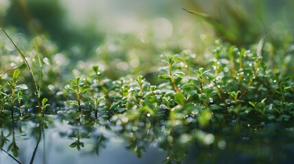 Obraz premium Tranquil river delta plants glistening with morning dew a serene nature scene of vibrant green foliage