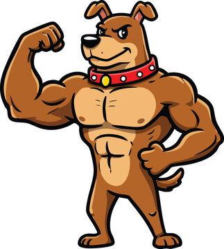 Muscular brown dog flexing powerful arm muscles strong puppy character vector illustration 