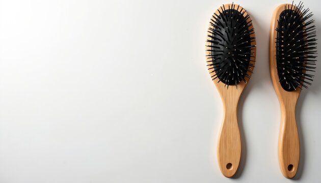 Two wooden hairbrushes lie on white. Hairbrushes styling and care product. Grooming tool for daily routine. Natural eco brush for smooth healthy look. Beauty saloon acessory for personal hygiene.