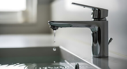 Water conservation concept showcasing a modern faucet with dripping water in a bright bathroom, emphasizing saving water and environmental awareness for a sustainable future