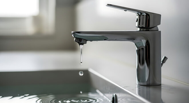 Water conservation concept showcasing a modern faucet with dripping water in a bright bathroom, emphasizing saving water and environmental awareness for a sustainable future