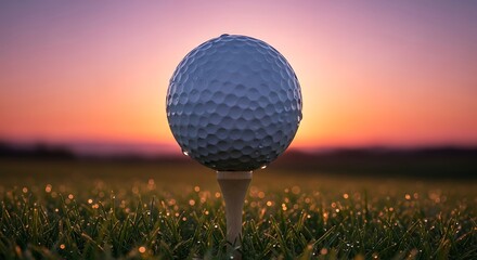 Golf ball on tee at sunset with warm colors and soft focus background
