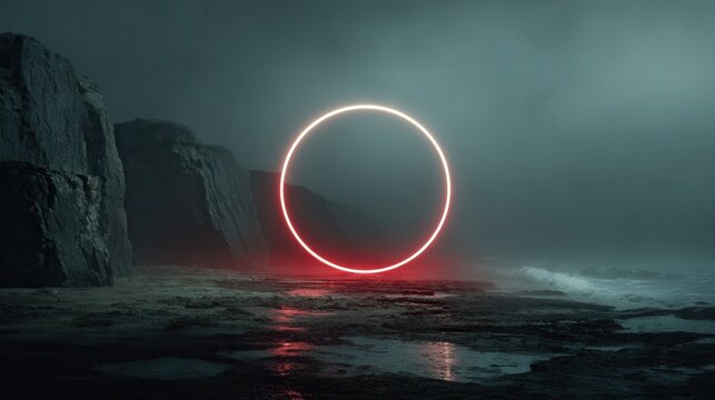 Alien planet landscape with futuristic rocks, surreal red lighting, space travel portal, and glowing ring at sunset