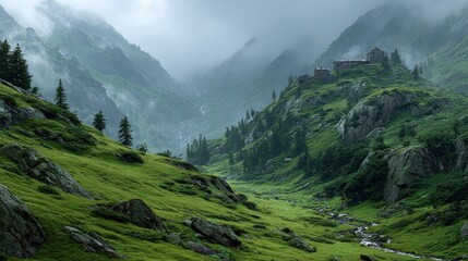 Misty mountain landscape with remote village nestled in lush green hills, towering mountain peaks under fog covered sky in carpathian mountains