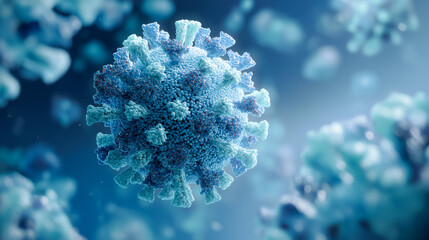Macro view of illuminated blue virus particle in detailed scientific environment
