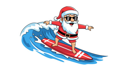 Surfing Santa Claus wearing sunglasses on a wave in summer  