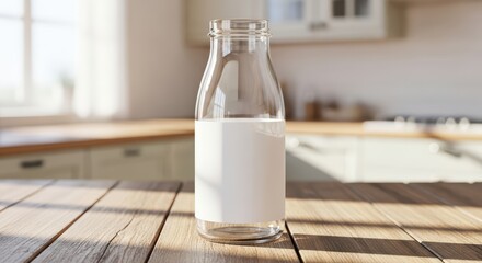 Glass milk bottle with blank label on wooden kitchen table in sunlit room