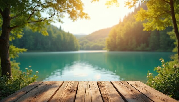 Wooden pier deck with a view of a tranquil lake and forest. Sunny summer morning in nature provides a serene backdrop. Empty space for product placement.