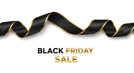 Black Friday Sale: A sleek, elegant ribbon of black with gold trim, elegantly curled, announces the eagerly anticipated Black Friday sale. Perfect for promotions.