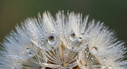 Dandelion Dew Drops: A close-up showcases a delicate dandelion seed head adorned with glistening water droplets, offering a serene and refreshing moment in nature.